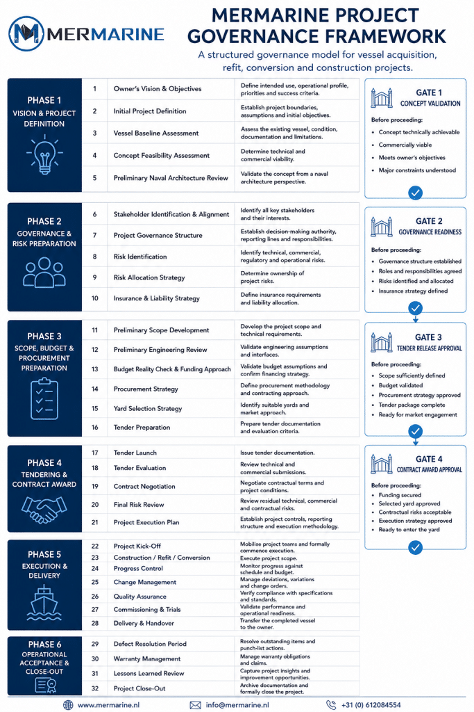 Example of a staged project governance framework with defined go/no-go gates before major financial commitments are made.