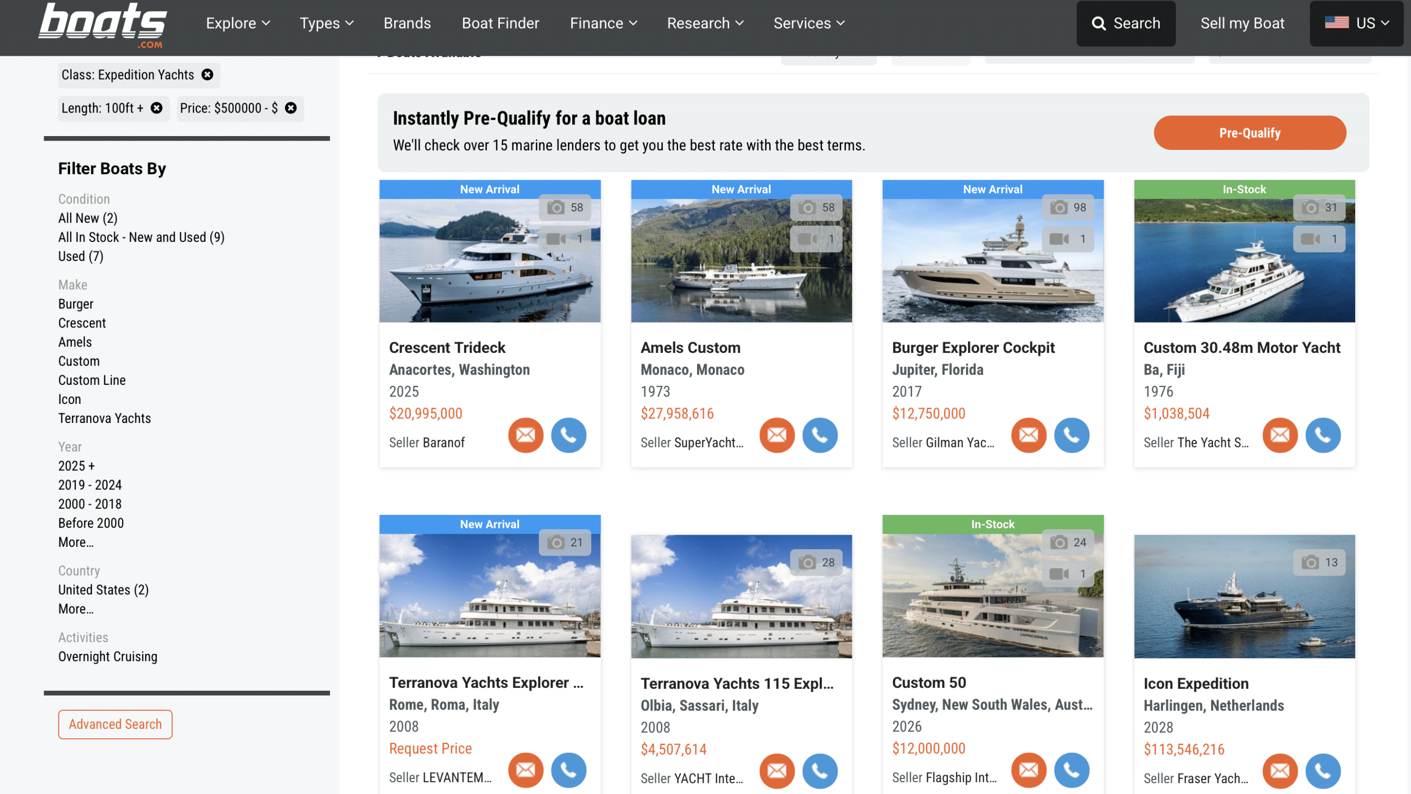 Explorer yachts for sale | market overview Screenshot of explorer yachts for sale on a brokerage website.